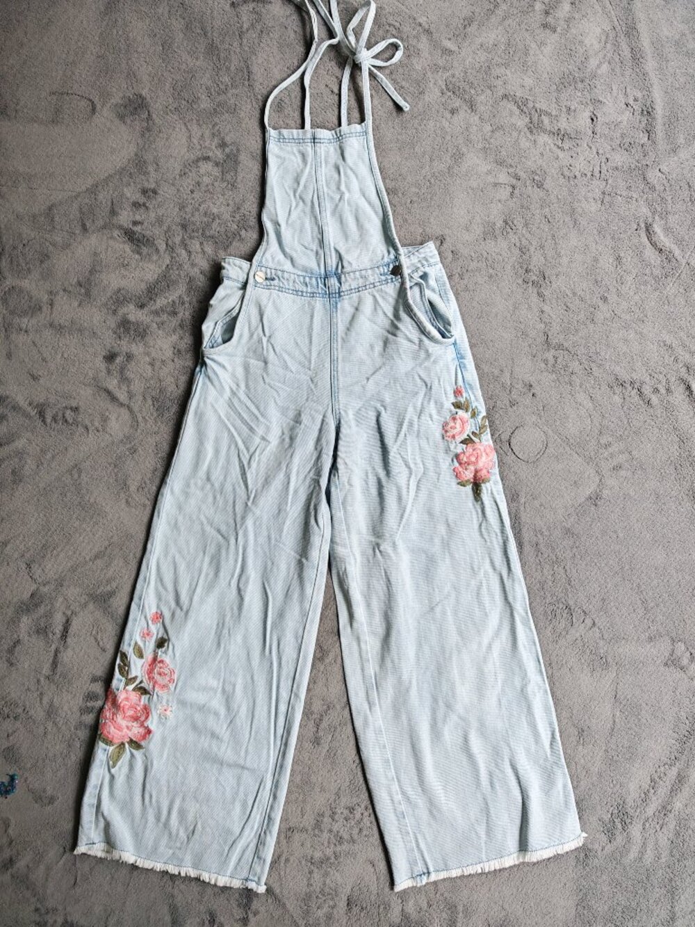 Free People x Driftwood Raphy Embroidered Denim Overalls XS Boho Wide Leg Floral - Picture 3 of 16
